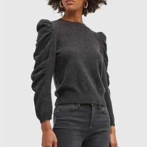 Frame Shirred Sleeve Charcoal Crew Neck Cashmere Sweater
